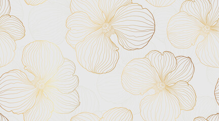 Luxury orchid seamless pattern on white background. Golden orchid flower line art design. Hand drawn. Suit for cover, wallpaper, wall art, fabric, prints, wedding, wrapping, invitation