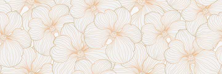 Luxury gold orchid background vector. Seamless floral pattern. Golden orchid line art design. Hand drawn flower. Vintage style. Suit for wallpaper, wall arts, cover, header, fabric, prints, wedding