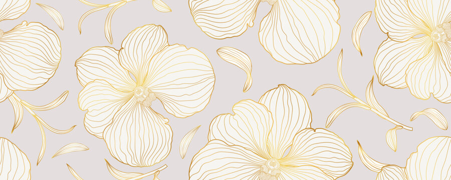 Luxury orchid seamless pattern background. Golden orchid floral line art design. Tropical flower. Hand drawn. Suit for wallpaper, wedding, invitation, fabric, card, cover, prints. Vector illustration