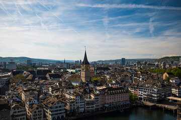 Zurich city Switzerland. Old town wide-angle view, roof-top perspective, day time, no people