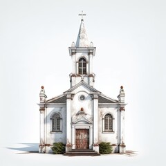 Fototapeta premium Illustration of a 3D model of an old white church with hand-painted details on a white background. Generative AI