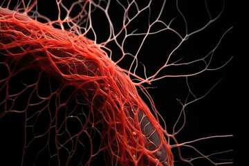 Blood flows through capillaries, delivering oxygen and nutrients to tissues. Anatomy of capillaries includes a single layer of endothelial cells surrounded by a basement membrane. AI-generated. - 601031955