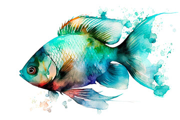 Fototapeta premium Turquoise aquarium fish. Watercolor drawing on a white background. Generative AI.