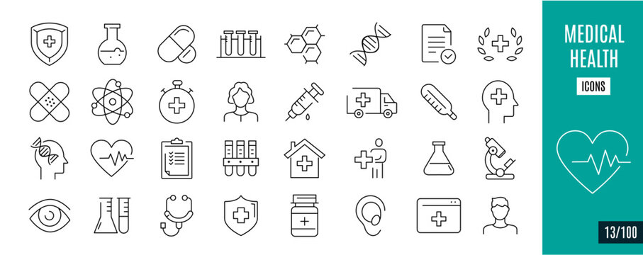 Best collection medical and health line icons. Medication, Heart, drug,...