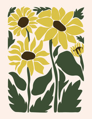 Abstract floral poster - minimalist sunflowers retro 70 style, vintage botanical background. Vector illustration.