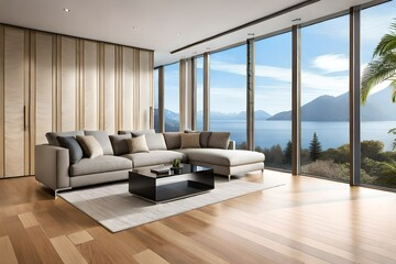 Modern living room with view to the ocean - obrazy, fototapety, plakaty