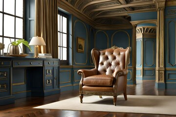A blue room with a chair and a desk with a lamp on it. - obrazy, fototapety, plakaty