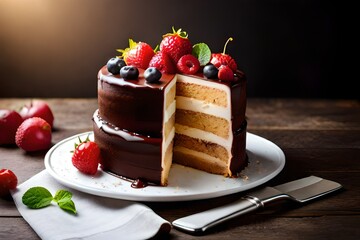 chocolate cafe with fruits on the top without a slice