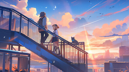 Obraz na płótnie Canvas Anime background of staircase sunset over bridge, generative AI
