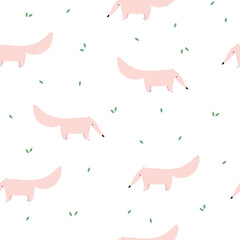 Colorful illustration with pink anteaters and foliage