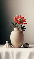 Red flower standing in a light vase, cosy interior and warm colors