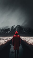 Man in a red outwear standing on a road into dark mountains, nature landscape