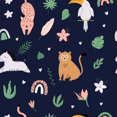 Seamless pattern with cute african animals in the garden.