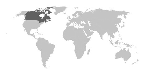 Map of the world with the country of Canada highlighted in grey.