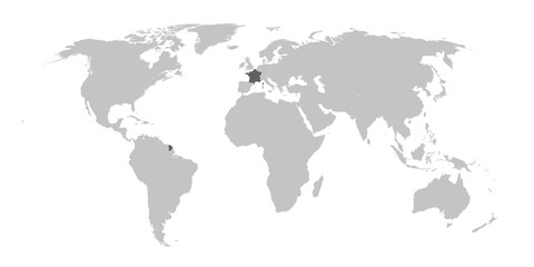 Fototapeta na wymiar Map of the world with the country of France highlighted in grey.