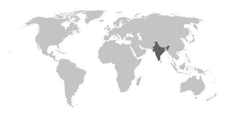 Map of the world with the country of India highlighted in grey. © Map Graphics