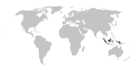 Map of the world with the country of Indonesia highlighted in grey.
