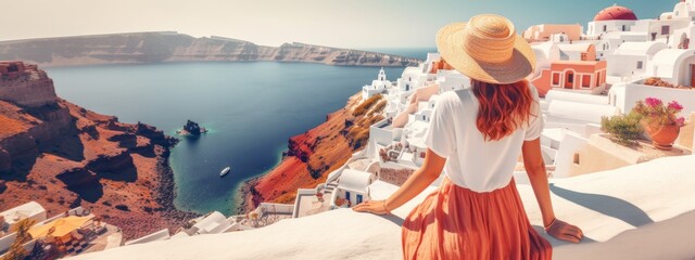 Luxury travel woman looking panorama. Sun hat maxi dress woman relaxing sea view in Santorini, Oia, Greece. Destination Europe. Concept web banner. Generative AI - obrazy, fototapety, plakaty