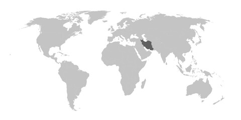 Map of the world with the country of Iran highlighted in grey.