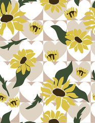 Vector retro art for fashion prints. Seamless pattern with sunflowers and heart checkered background. Vector illustration.