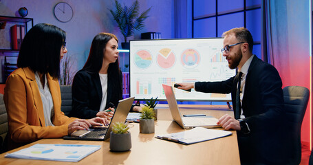 Good-looking purposeful motivated skilled businesspeople holding joint meeting in evening office and discussing presentation on digital whiteboard