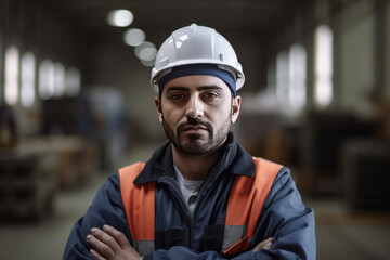 Portrait of Arab man, factory worker, AI generated Generative AI