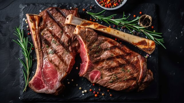 Gourmet grilled and sliced porterhouse steak T-bone with herbs and spices. American meat restaurant served on slate board. banner, catering menu recipe place for text, top view