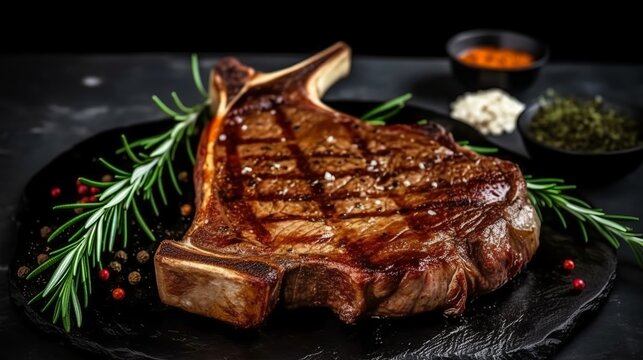 Grilled BBQ T-Bone Steak or porterhouse steak with Fresh Rosemary. american food. Restaurant menu, dieting, cookbook recipe. The concept of pral cooking meat