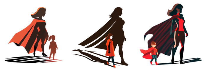 set vector illustration of woman in red superhero gown with her kid isolated on white