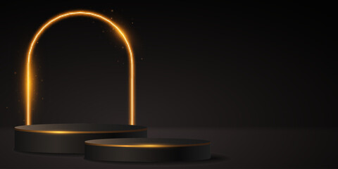 Modern 3d vip podium with glowing golden neon arc to showcase your product. Magical platform for your presentation. Vector illustration