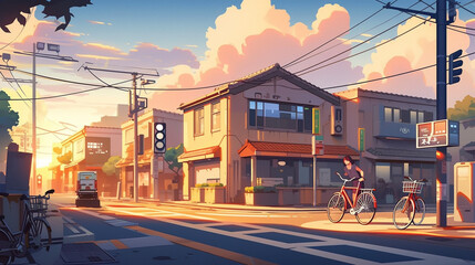 Obraz premium Anime background of street in the summer, generative AI