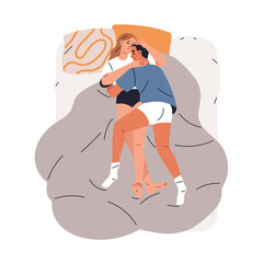 Man and woman couple sleeping together, cuddling. Loving tender girl and guy hugging, dreaming in bed. Young wife and husband asleep, embracing. Flat vector illustration isolated on white background