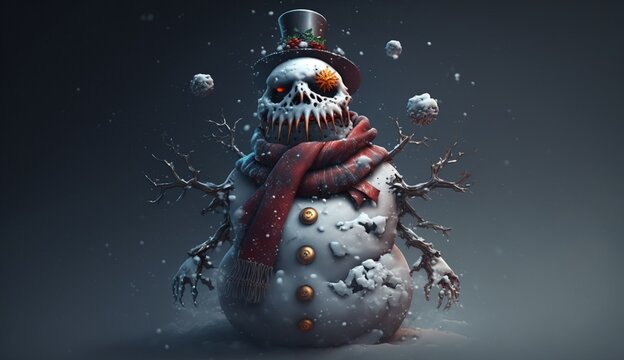 Illustration of Strange, Odd, Creepy, Zombie Snowman for Christmas or Halloween. Generative AI.