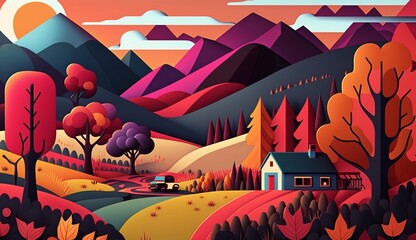 Landscape Digital Illustration in a Bold, Colorful Folk Art Style, with Strong Lines and Strong Palette. Generative AI.
