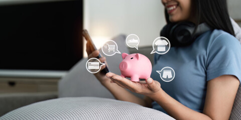 Woman thinking concept saving money and finance accounting