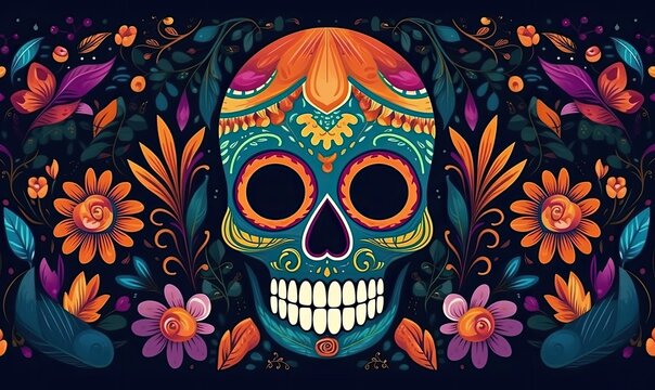 Illustration of the Mexican festival Day of the Dead, Template vibrant wallpaper, generative AI - Powered by Adobe