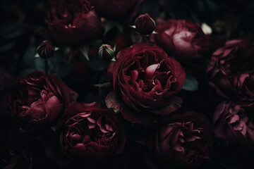 Burgundy color roses dark moody romantic background. Close-up flowers card backdrop. Ai generated