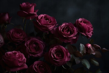 Pink roses dark moody romantic background. Close-up flowers card backdrop. Ai generated