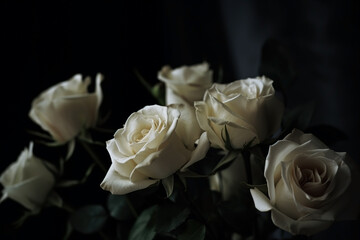 Cream color roses close-up dark romantic background. Flowers wallpaper. Ai generated