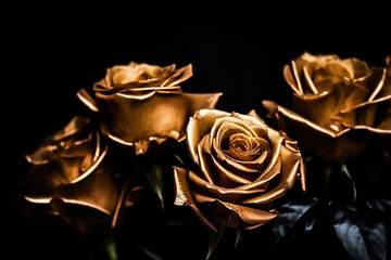 Golden roses  close-up dark romantic background. Ai generated