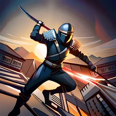 a jumping ninja with a dark blue suit, wearing some pieces of studded leather armor including helmet,Image created by AI - obrazy, fototapety, plakaty