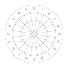 Official dartboard with numbers in 20 radial sections, double rings, triple ring, inner and outer bullseye. Simple flat thin black outline vector illustration