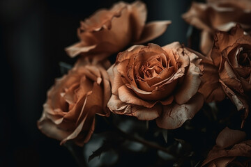 Beige roses dark moody romantic background. Ai generated.