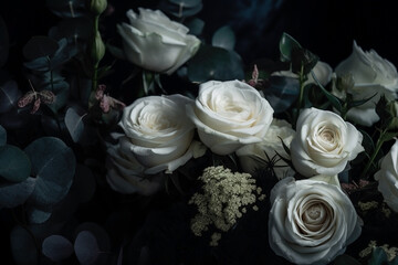 White roses dark moody romantic background. Ai generated