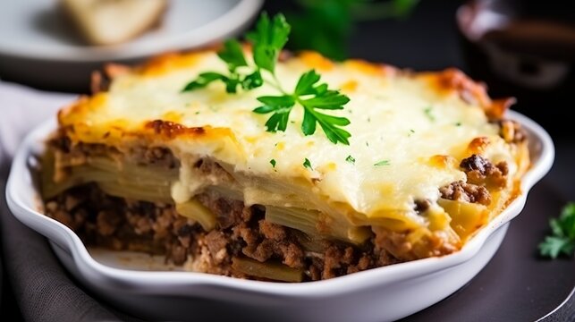 Hearty Greek Moussaka Layers of Rich Flavor with Eggplant, Potatoes, Seasoned Ground Meat, and Creamy Bechamel Sauce, Baked to Perfection (4)