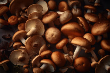 Freshly picked mushrooms: mushrooms, boletus, white mushroom and chanterelles. Photorealistic illustration generative AI.