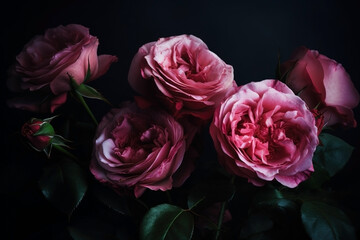 Pastel pink roses close-up dark romantic background. Ai generated