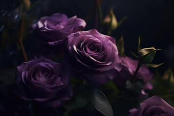 Purple roses dark moody romantic background. Close-up flowers card backdrop. Ai generated.