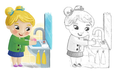 cartoon school girl washing on white background - illustration for children