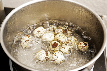 Quail eggs are cooked in boiling water in a stainless steel pot of for a gourmet dish, copy space, selected focus